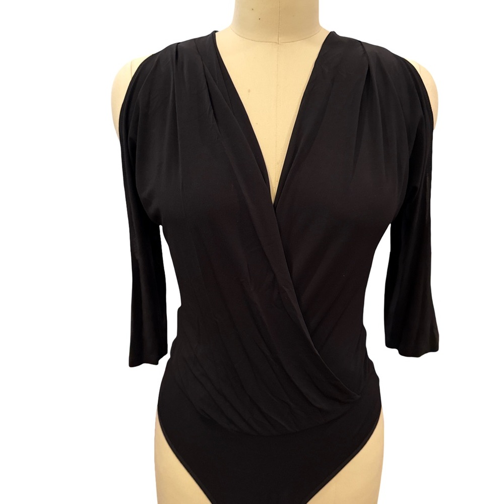 Bebe Black Wrap Cut Out Bodysuit 3/4 Sleeve
